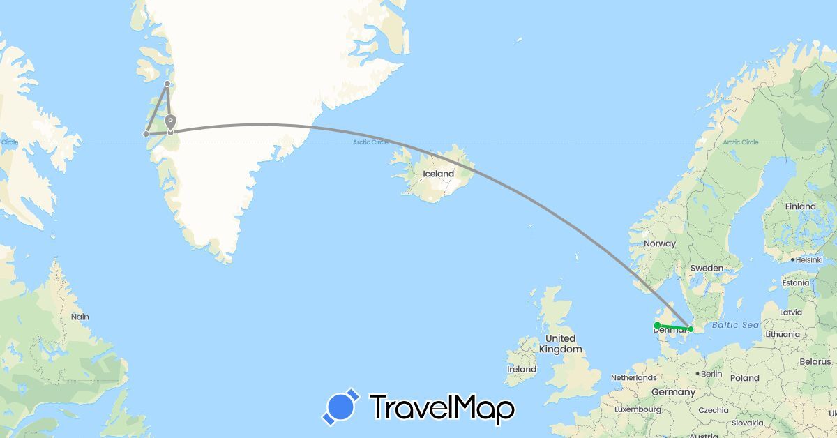 TravelMap itinerary: driving, bus, plane in Denmark, Greenland (Europe, North America)